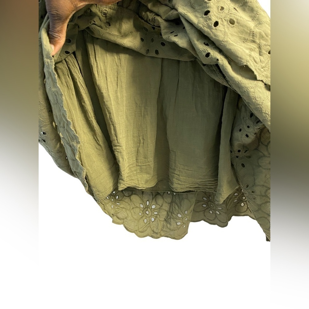 Valentina Naldi Olive Green Floral Eyelet Tiered Scalloped Cotton Dress Sz S - Picture 8 of 8